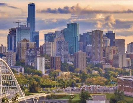 Edmonton skyline with bridge at sunset