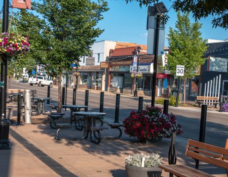 Downtown street with shops, trees, and benches.